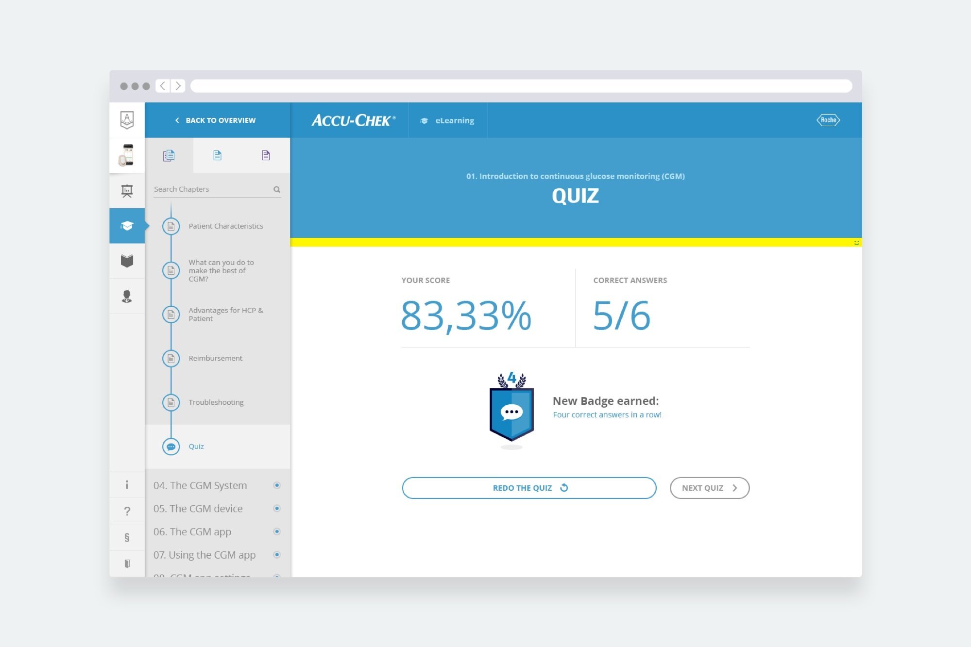 Ergebnis eines absolvierten Quiz in der Accu-Chek Academy